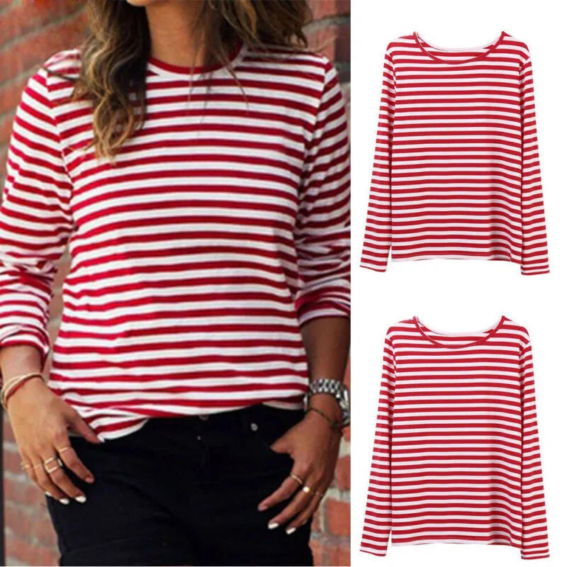 Kadın T-Shirt Rahat Kırmızı Beyaz Çizgili Baskı Uzun Kollu Gevşek Kadın Temel sıfır yaka bluzlar Moda Bayanlar Streetwear 210522