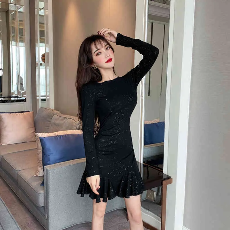 Women's Short Dress Full O-Neck Glitter Sexy Waist Ruffled Mermaid Hip Spring Autumn Empire A-Line Mini ML607 210506