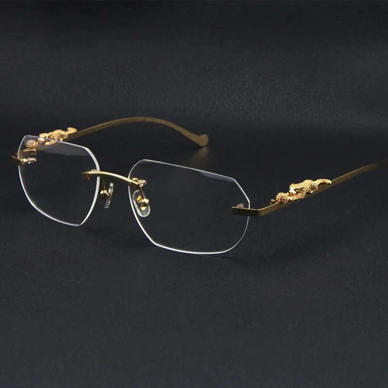 Lunettes de soleil sans monture en métal optique, série léopard, édition limitée, mode, haute qualité, unisexe, en acier inoxydable, verres dorés308z