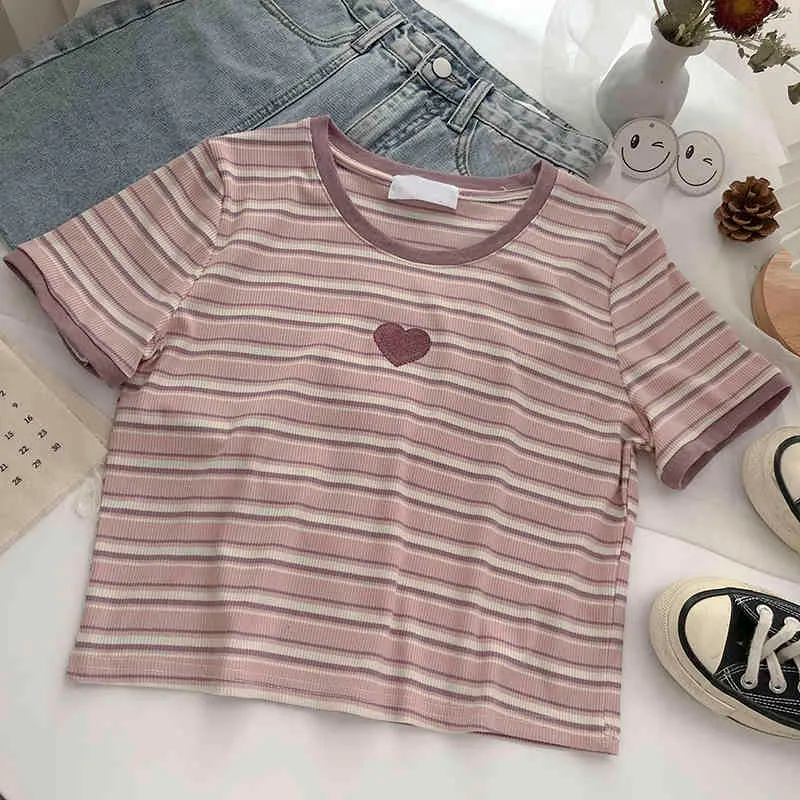 Kimutomo T-shirt lavorata a maglia abbinata a colori Ragazze Ricamo a cuore O-collo Abiti a maniche corte Estate femminile Top coreano Casual 210521