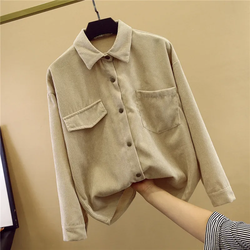 Herfst Corduroy Losse Vintage Hong Kong-stijl All-match jassen voor vrouwenzakken Solid revers jas cardigan 11426 210508