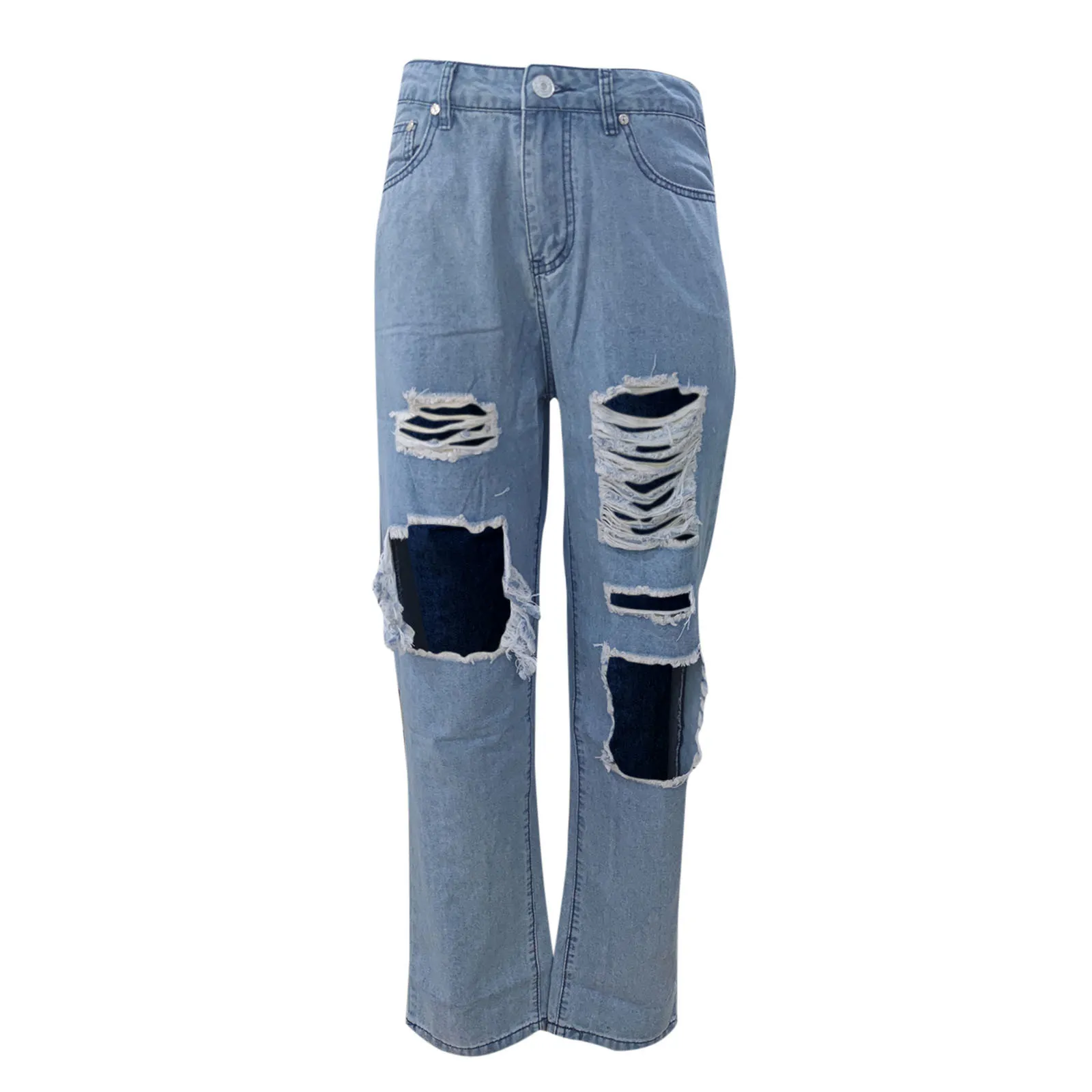Mulheres botão alto cintura bolso elástico buraco jeans calças soltas denim calças diárias casuais de alta qualidade confortável jeans femme