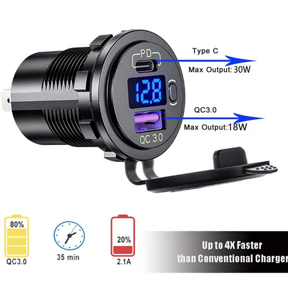 48W Tipo 12V / 24V C PD + QC3.0 Tomada mais clara do carro WHIT LED Voltímetro Interruptor USB Car Charger Universal Motocicleta Caminhão Soquete SUV