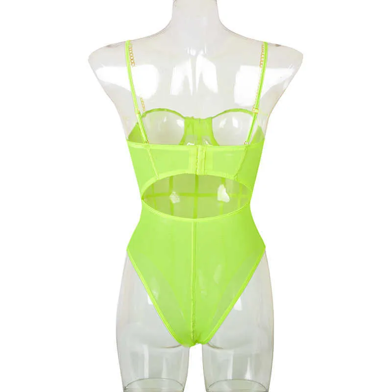 ネオングリーンメッシュ透明ボディスーツセクシーな女性の背中の縞模様のノースリーブオーバーオールパーティーファッションスパゲルティストラップロンパース210728