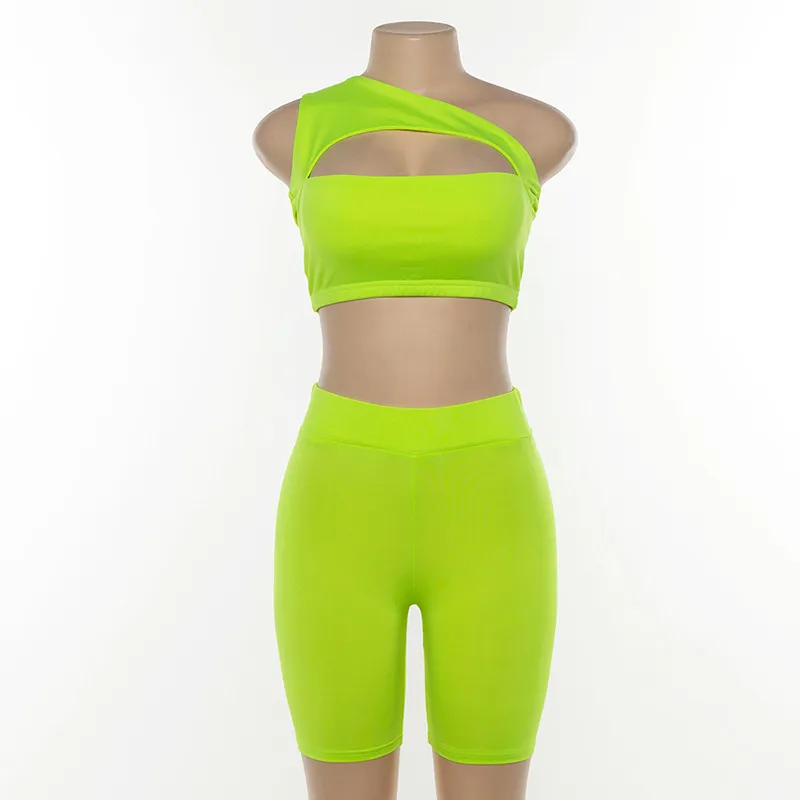 Neon Color Women Two Piece Set One Shoule Casual Tracksuits Klipp ut Crop Top och Biker Shorts Set Sporty Active Wear X0428
