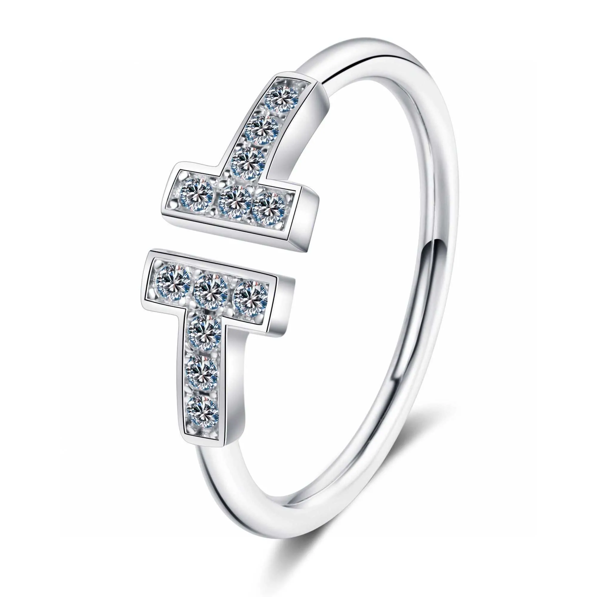 Moissanite 0.18ct Anel Passado Diamond Test Perfeito Corte Double T Letter 925 Esterlina Prata Diamante Anéis Luxo Moda Presente X0710