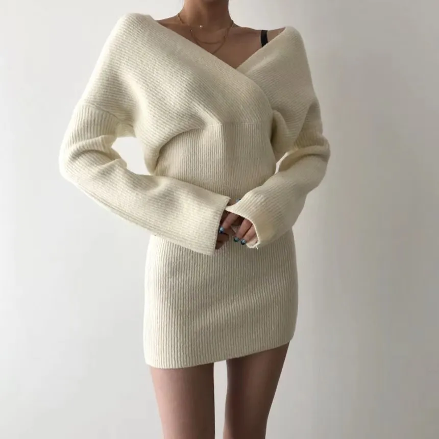 Vårhöst Kvinnor Sexig stickad klänning Koreansk långärmad V-Neck Off Shoulder Wrap Bodycon Sweater Klänningar Vestidos 210513
