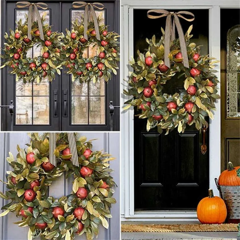 Fall wreath Pomegranate Wreath Front Door Hanging Ornament Realistic Garland Thanksgiving Party Festival Decor Y0901