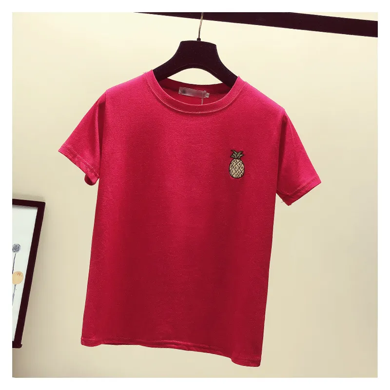 여름 패션 여성 캐주얼 파인애플 패턴 짧은 소매 코튼 티셔츠 학생 풀 오버 티 톱 210428