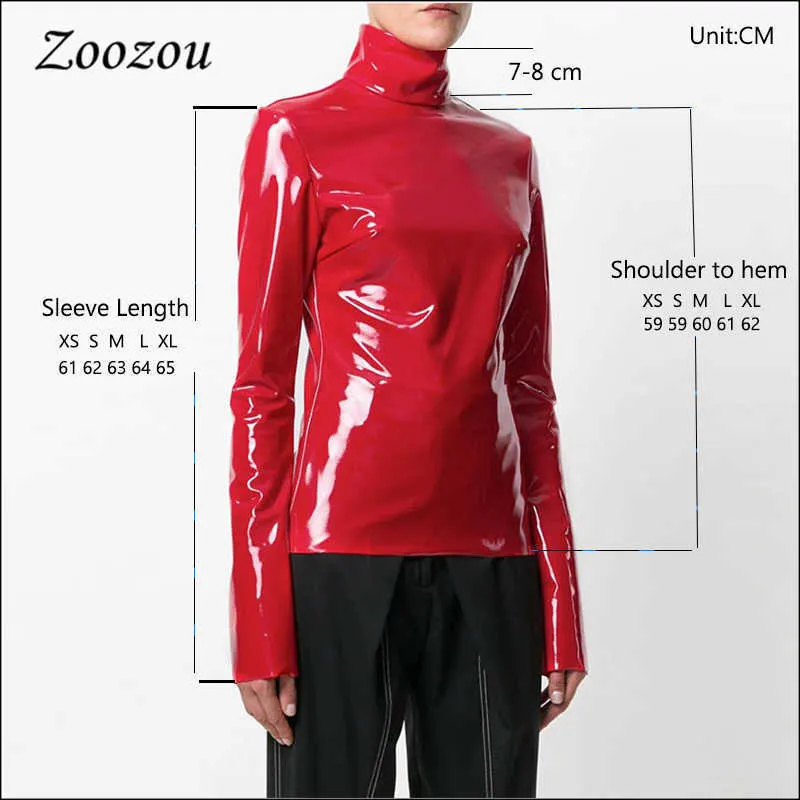 Mulheres Faux Patent Leather Turtleneck Tops Camisa Longa Camisa Zíper PVC Pullover Preto Vermelho Pu roupas de couro Streetwear personalizado 210928