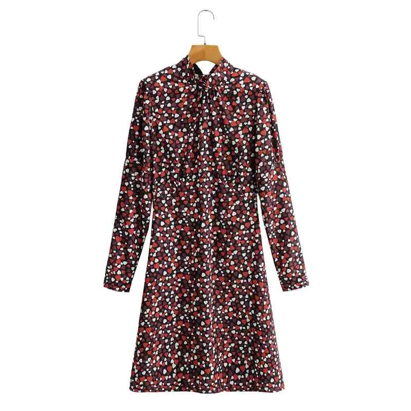 Primavera Donna Peach Heart Print Manica lunga Midi Dress Donna Stand Collar Lace Up Abbigliamento Casual Lady Vestido D7193 210430