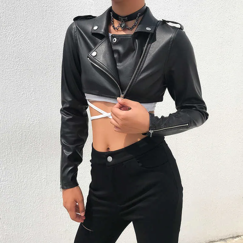 Iamty Noir PU Cuir Crop Veste Street Wear Punk Style Femmes Manteaux À Manches Longues Turn-Down Zipper Veste Courte De Mode 210722