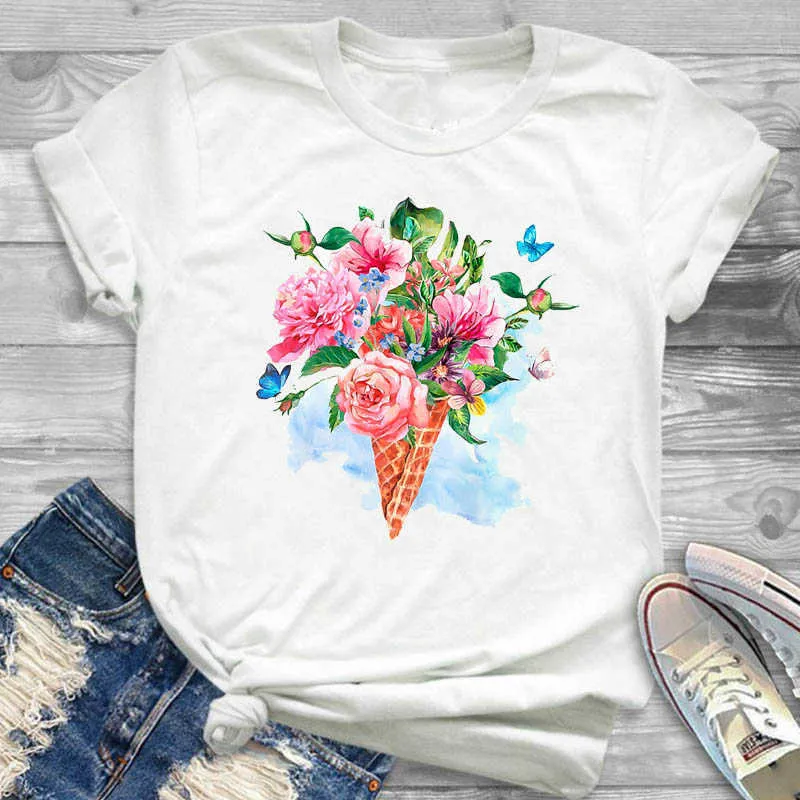 Frauen Shirt Damen Weibliche Blume Eis 4XL Plus Größe T Damenmode T-shirt Grafik Kurzarm Sommer Gedruckt Top T-shirt x0527