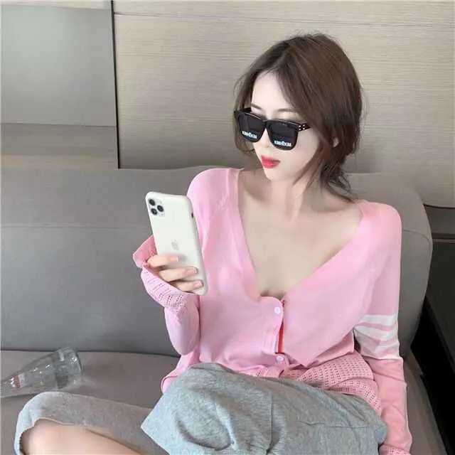 카디건 여성 한국의 긴 소매 여름 니트 v 목 얇은 얼음 실크 스웨터 자외선 차단제 셔츠 탑 210608