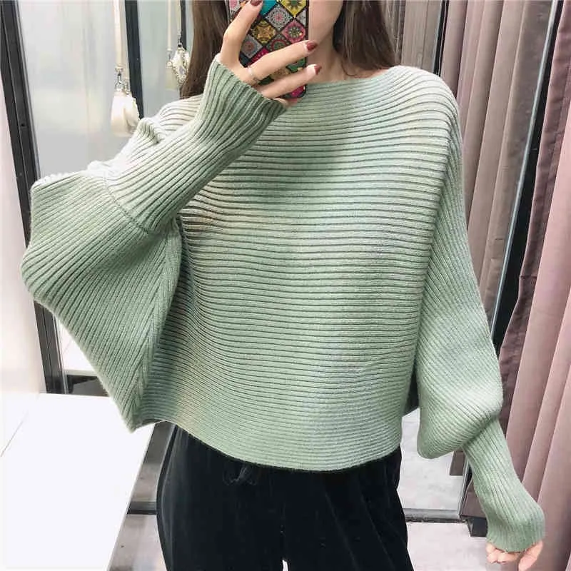 Vrouw Trui Sexy Losse Slash Neck Batwing Sleeve Army Green Jumper Lente Kleding 210430