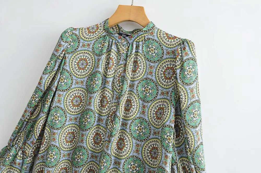 HSA Summer Blouse for Women Green Vintage Loose Tops Oneck Circle Printed Summer Shirts Floral Printed Fashion Jumpers 210716