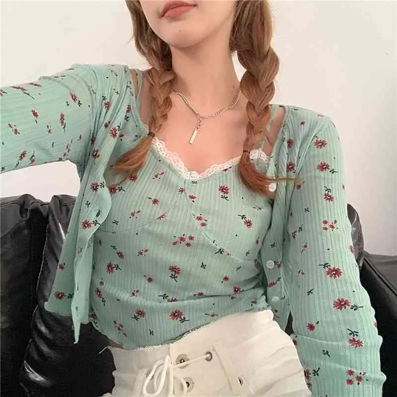 Ezgaga Zweiteiliges Set Frauen Floral Bedruckte Strickjacke Dünne Dünne Sexy Camis Sommer Koreanische Mode Crop Tank Tops Süße Casual 210430