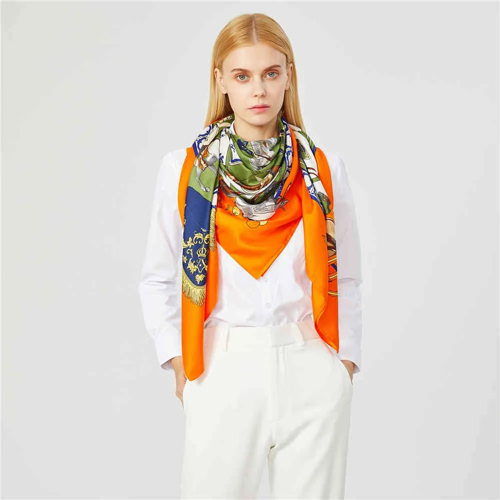 130cm Twill Silk Hästtryck Big Square Scarf Women Bandana Shawl Luxury Brand Foulard Scarves Wraps för damer Echarpe