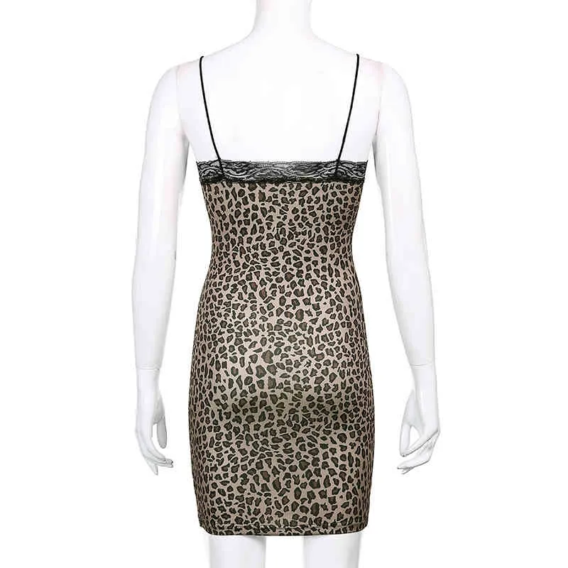 Women Spaghetti Strap Bodycon Mini Dress Leopard Pinted Sleeveless V Neck Lace Trim Patchwork Dresses Y2K Party Streetwear 210517