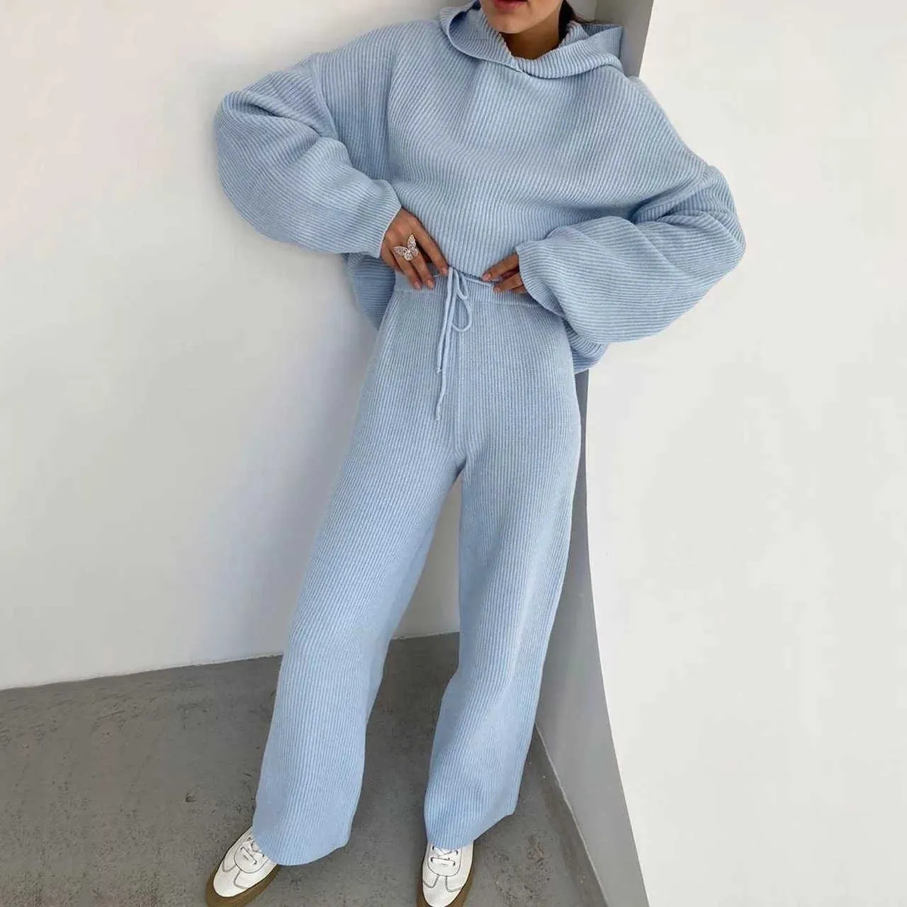 Automne Tricoté Survêtements Femmes Ensembles Assortis À Manches Longues À Capuche + Pantalon À Jambes Larges Loungewear Pull Ensemble Deux Pièces Tenues Y0625