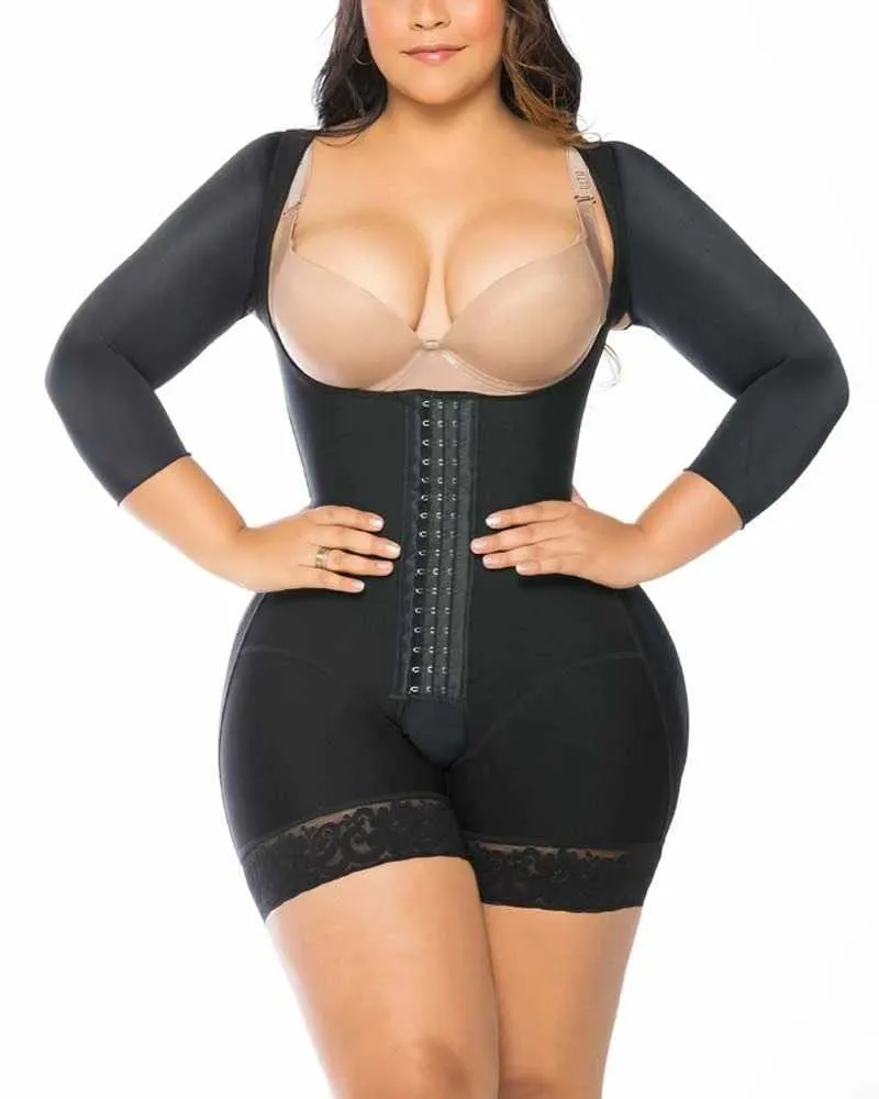 Kvinnors Shapewear Hook and Eye Closure Breast Support Tummy Control Långärmad Triangel Bodysuit BodySheper