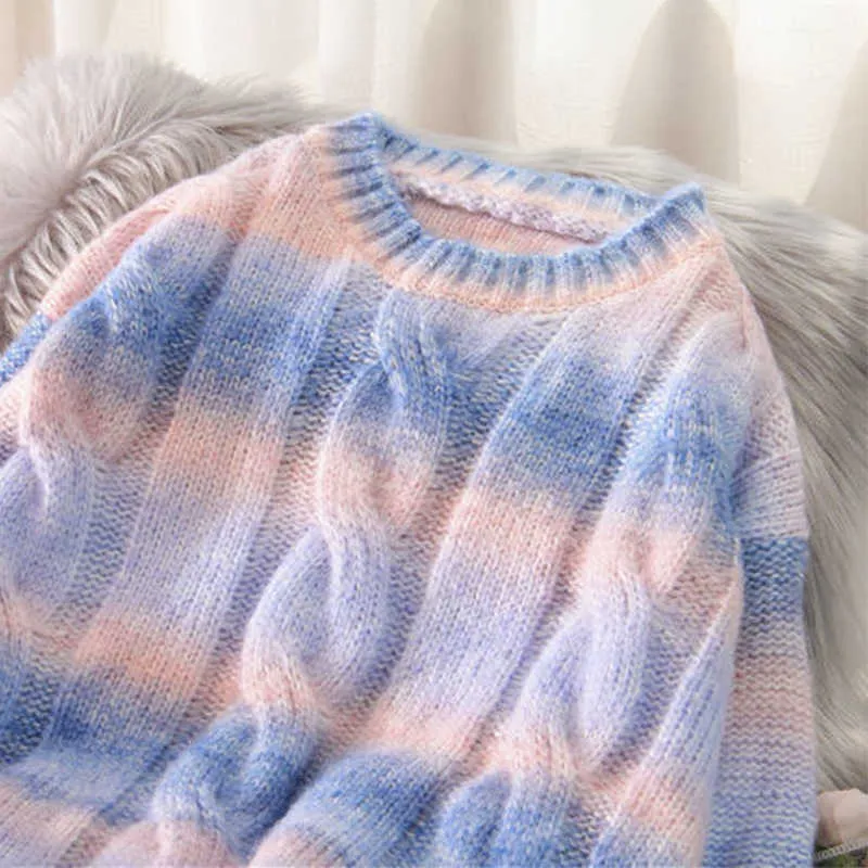 Autumn Winter Women Rainbow Sweaters Tie Dye Pullover O-Neck Long Loose Striped Korean Jumpers Candy Color Oversized Female Tops 211011