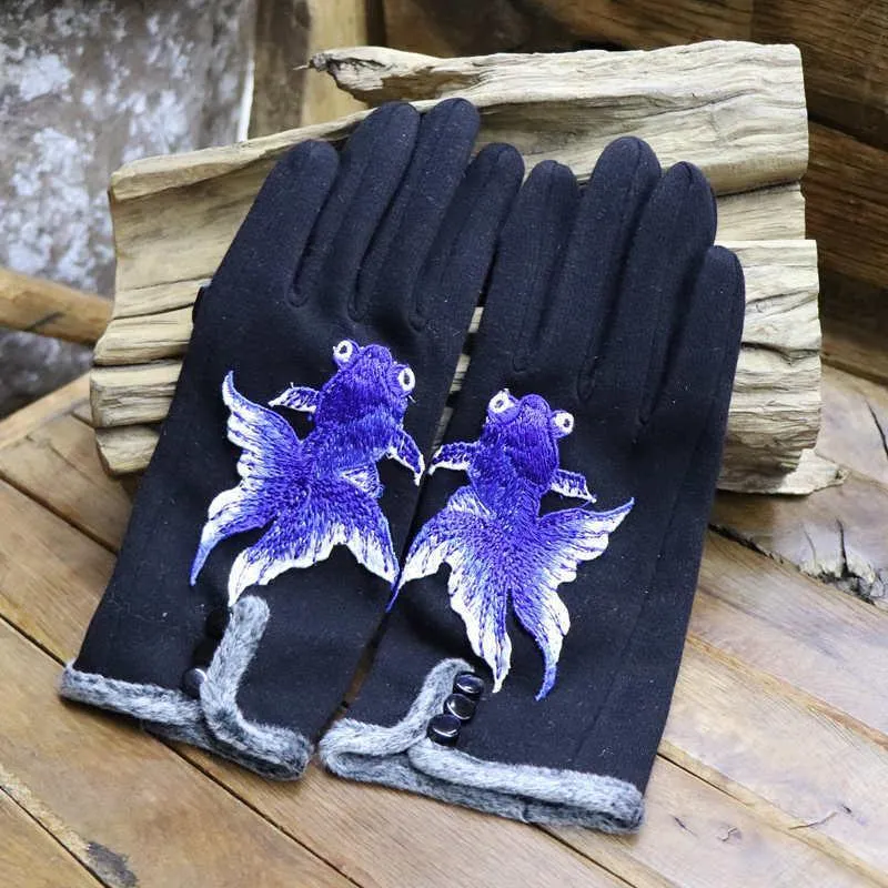 Five Fingers Gloves Hand Touch Screen Embroidery Cartoon For Woman Winter Ladies Girls Outdoor Mittens Women Pink