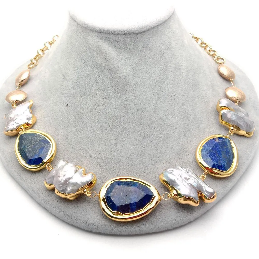YYGEM 21 '' naturel bleu Lapis morceau gris Keshi perle jaune or couleur chaîne collier ras du cou classique pour les femmes