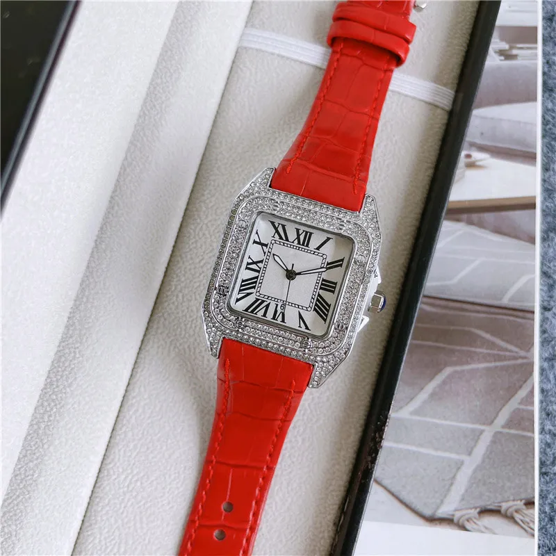 Mode Marke Uhren Frauen Mädchen Platz Kristall Stil Hohe Qualität Lederband Armbanduhr CA57271P