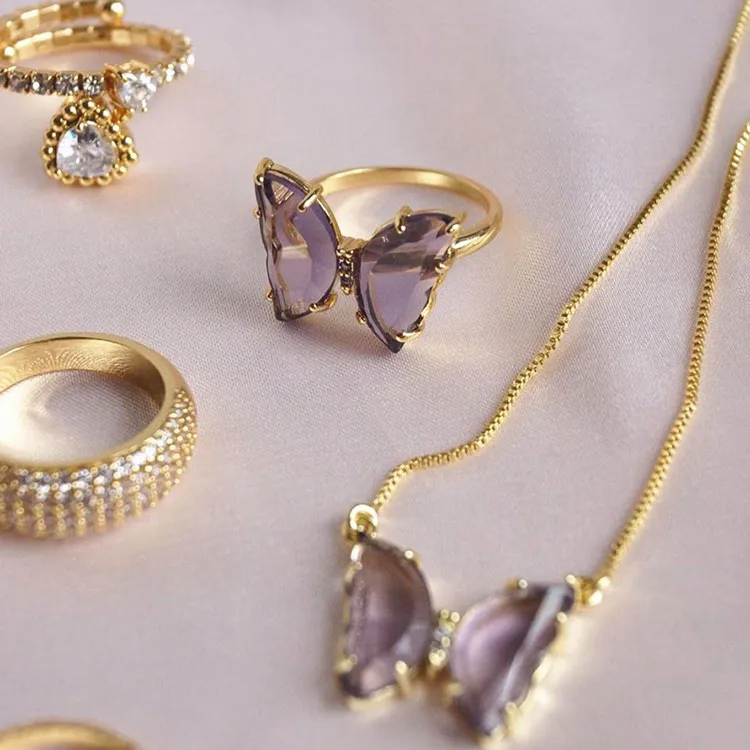 Bague ouverte dorée à la mode, fabricant direct s, bijoux en cuivre, verre de cristal plaqué or, anneaux papillon 1120849