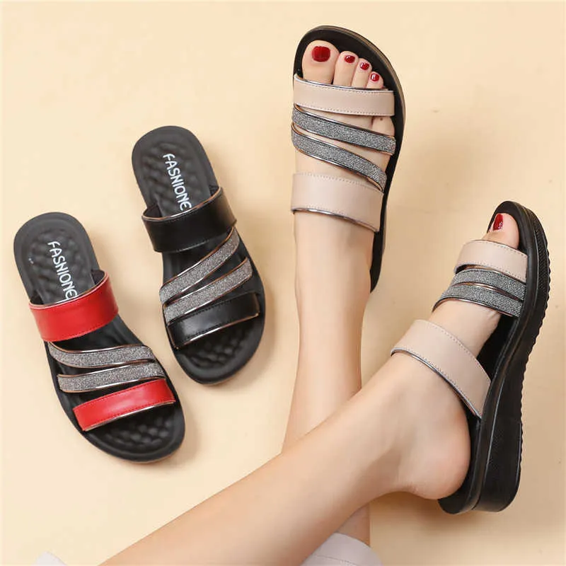 Shoes Woman Summer Sandals Women Leather Flat Comfortable Footwear Beach Slippers Womens Wedge Low Heels Shoes mother shoes 210715