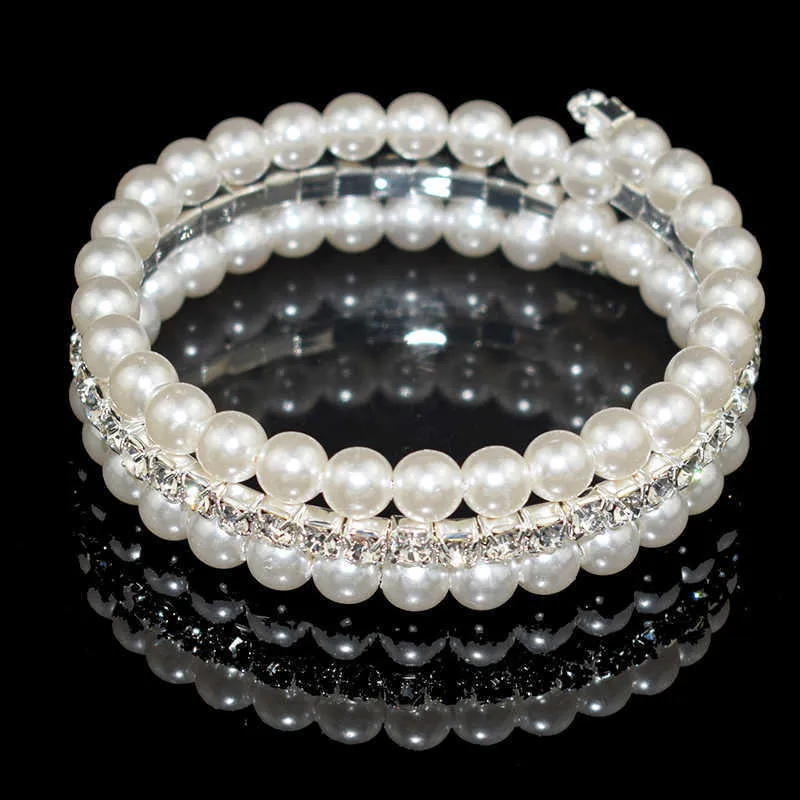 Elegant Crystal Pearl Multi-layer Bangles for Women Rhinestone Bracelet Imitation Pearl Gold Silver Plated Bracelet Gift Q0719