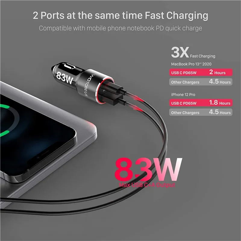 Adaptateur USB 83W ar harger, charge rapide PD 65W, Type téléphone portable Q3.0 18W, allume-cigare pour iPhone12 Pro Max iPad