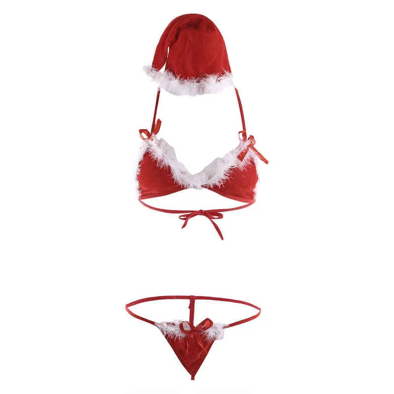 Robe de Noël à trois points pour femme rouge tentation de minuit sous-vêtements sexy ensemble de deux pièces 211203