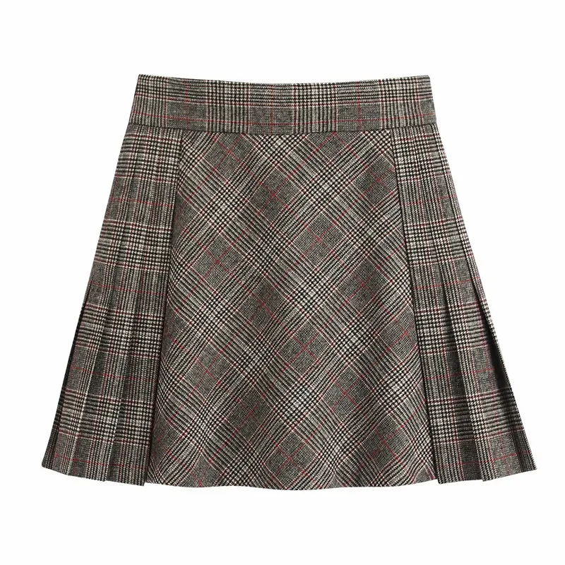 Women Autumn Plaid Pleated Skirts Sweet High waist Sashes Vintage Lining A-Line Female Street Mini Skirt Clothing 210513