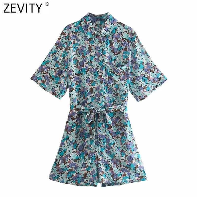 ZEVITY المرأة خمر جيوب التصحيح الأزهار بيرنت القوس الزنانير playsuits الإناث السراويل سيامي شيك عارضة ضئيلة السروال القصير P1131 210603