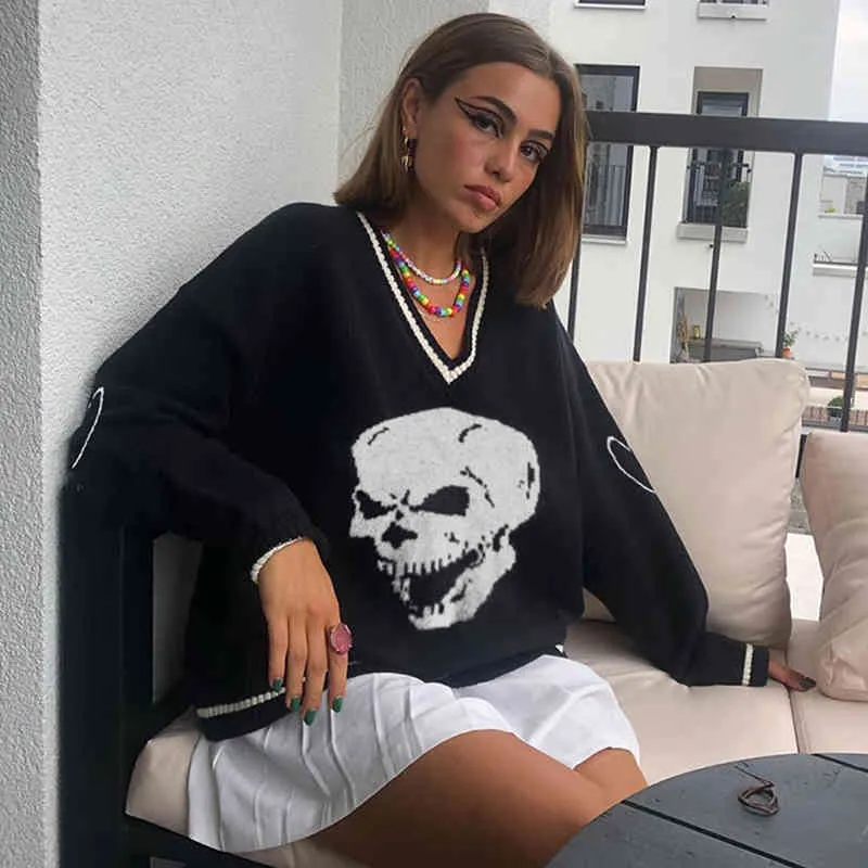 Kvinnor Y2K Tröjor Skulls Pullovers V Neck Knitwear Lossa Casual Strikkad Sweater Kvinnor Toppar Streetwear E-Girl Jumper Kvinna 210419