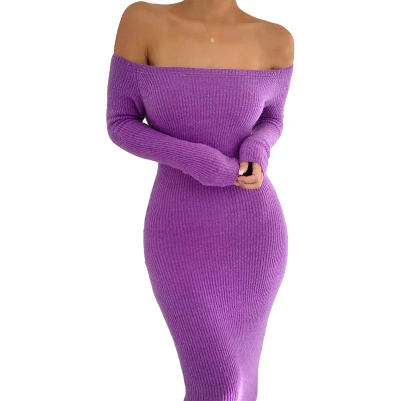 Mulheres lápis vestido magro cabe off-the-ombro manga comprida saco roxo quadril slash pescoço elegante moda roupas 210522