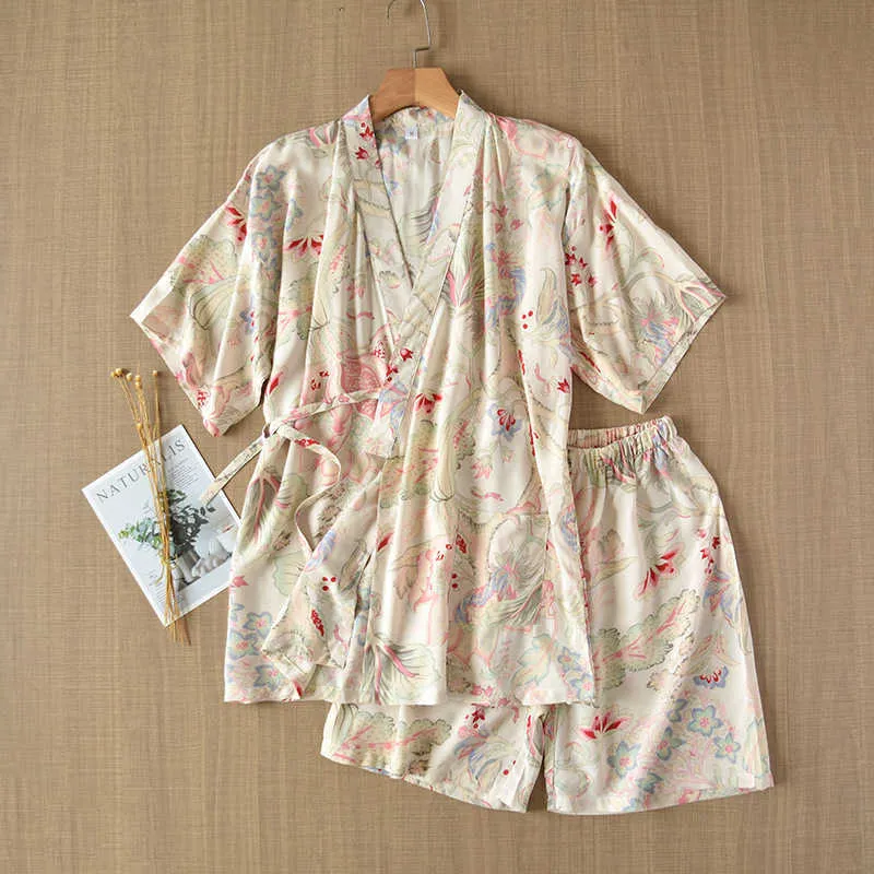 Kimono de estilo japonês Kimono de manga curta shorts verão senhoras pijamas terno de algodão casa de serviço mulheres rosa 210809