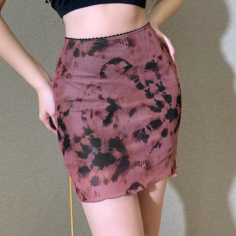 chic Harajuku tie-dye mesh skirt female summer new ins Korean vintage high waist casual sexy mini skirt punk style bag hip skirt X0428