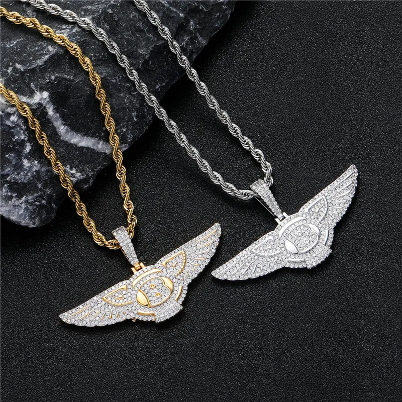 Collier avec pendentif ailes d'ange plaqué or 18 carats, Zircon glacé, bijoux scintillants pour hommes, cadeau 296l