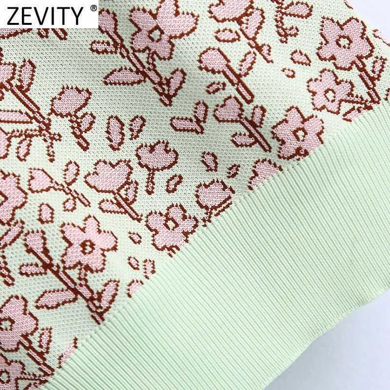 Zeefity Dames Vintage Floral Print Jacquard Gebreide Sweater Vrouwelijke revers Collar Korte mouw Pullovers ChiCh Merk Tops SW808 210603