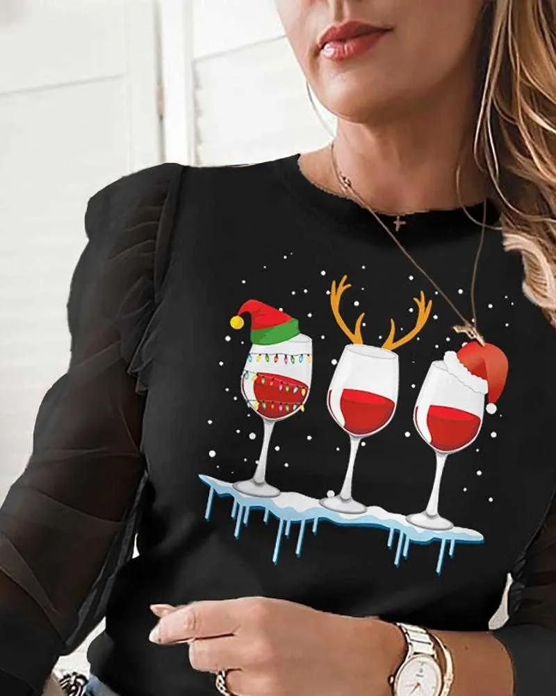 Kvinnor Fashion Casual Long Sleeve Tops Sheer Mesh Splicing Blue Feamle Sweetstyle Christmas Print Design Tops 210716