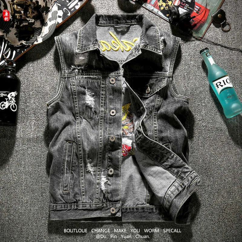 Veste Homme Vêtement Sans Manches Broderie Aigle Denim Gilet Jean Jeune Cowboy Streetware Ropa De Hombre Manteau Printemps Et Automne 210923