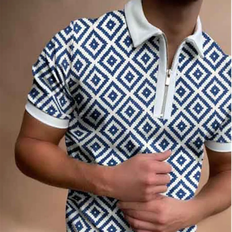 Summer Fashion Patchwork Kort ärm toppar för män Slim Polo Shirt Casual Men's Turn-Down Collar Zip-up Polo Shirts 220308