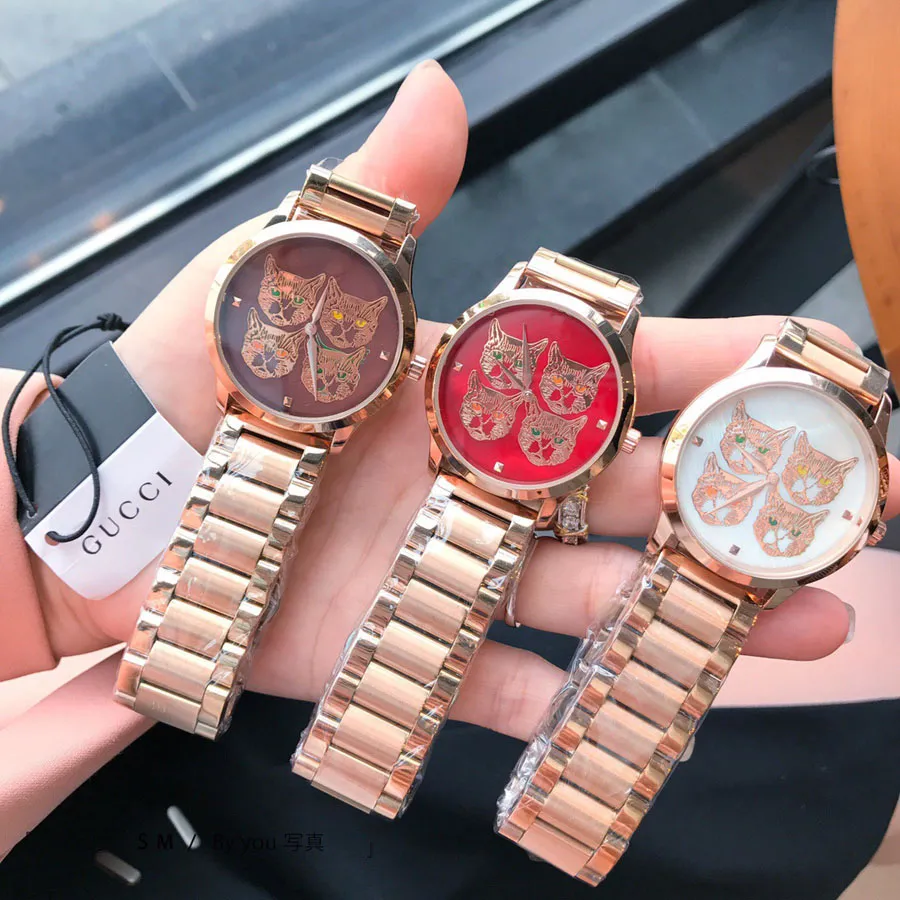 Modemarke Uhren für Frauen Lady Gril Cat Stil Edelstahlband Quarz-Armbanduhr G91180r