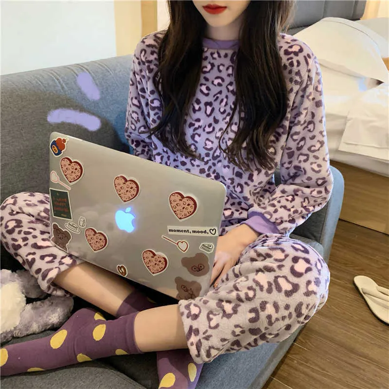 Harajpee kvinnor pyjamas sommar fransk sexig temperament rund krage långärmad yttre slitage lösa leopard hem slitage punkter q0706