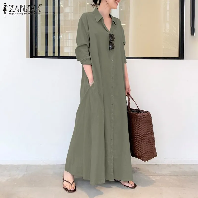 Elegant tryckt skjorta Klänning Kvinnors Höst Sundress Zanzea Casual Långärmad Maxi Vestido Kvinna Lapel Knapp Robe Plus Storlek X0521