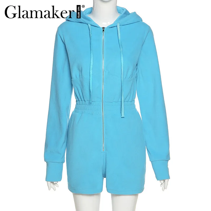 Glamaker Fashion Casual Hoody Romper Bleu Hiver Zipper Automne Combinaison courte Femmes Gris Chic Nouveau Style Short Playsuit 210412