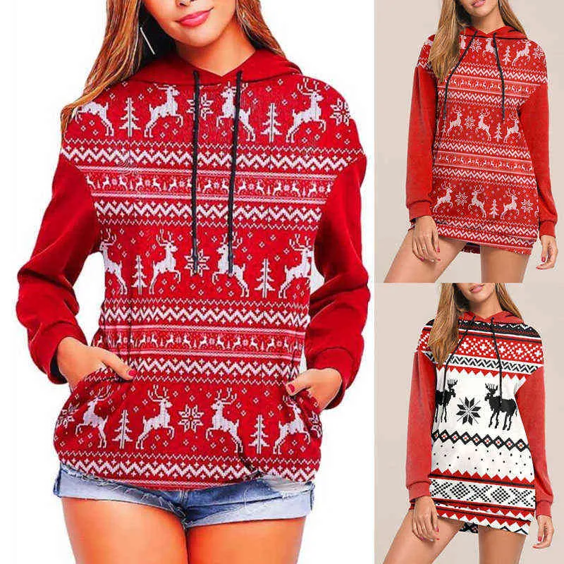 Women Hoodies Christmas Elk Snowflake Cartoon Cute Print Hooded Collar Drawstring Red Pullover Loose Casual Sweatshirt Y1118